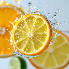 Macro high speed photo of orange, lemon and lime slices being dropped in crystal clear water. JPEG, 12x12in 3600x3600px, 300p/i