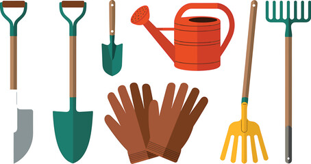 A set of gardening tools including shovels, rakes, gloves and a watering can