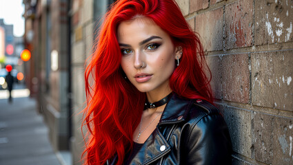 Obraz premium Stylish young woman with bright red hair and piercings against grunge wall - urban portrait
