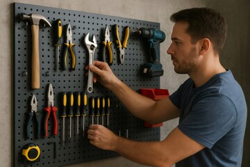 Man arranging tools on a pegboard wall, showcasing a well organized workspace with various hand tools and a cordless drill