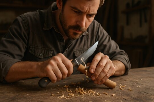 Knife maker working in workshop carefully carving wood with knife, crafting wooden knife handle, wood shavings on workbench - Powered by Adobe