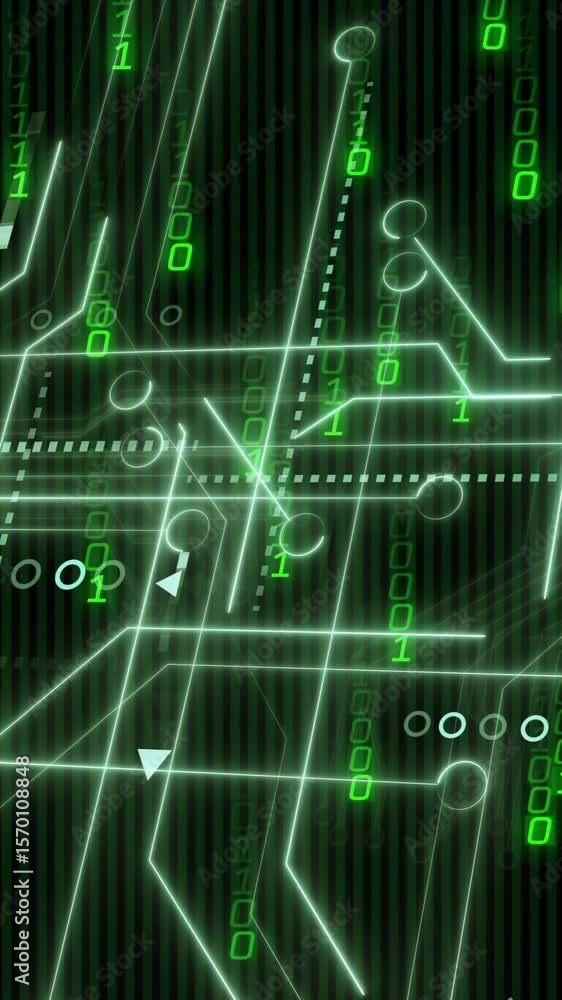 Poster animation of binary coding and data processing on black background