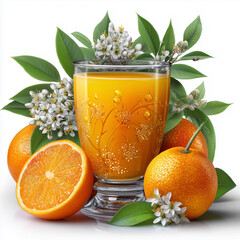 Glass of orange juice, surrounded by fresh oranges, green leaves, and white orange blossoms.