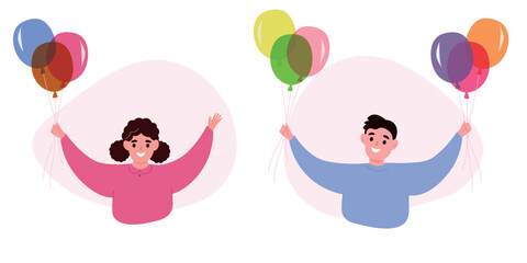 Happy children with balloons in their hands. Boy and girl at the party. Vector flat graphics.
