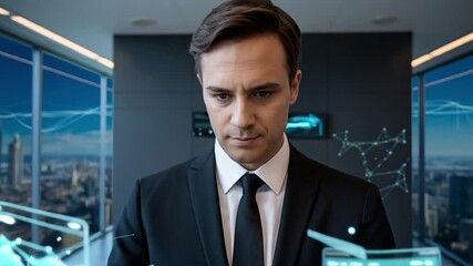Elegant businessman interacts with holographic data in a modern office environment with city views, representing innovation and future tech. - Powered by Adobe