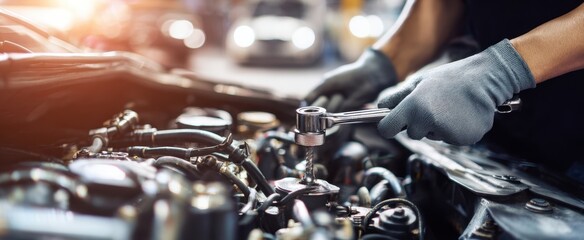 The mechanic performs an engine repair using a wrench in a professional garage.