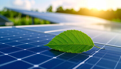 Solar Panel Synergy: A vivid display of renewable energy, featuring a pristine solar panel with a delicate leaf, highlighting the harmony between technology and nature.