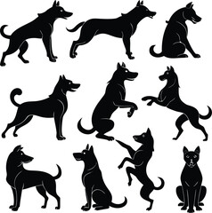 Dog silhouette bundle set vector A collection of 9 black dog silhouettes in various poses, including jumping, standing, sitting, and digital use with white background 