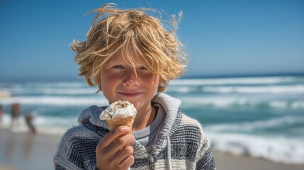 A young boy with curly blonde hair smiles while holding an ice cream cone. He stands on the sandy beach with the ocean waves gently crashing behind him under a clear blue sky.