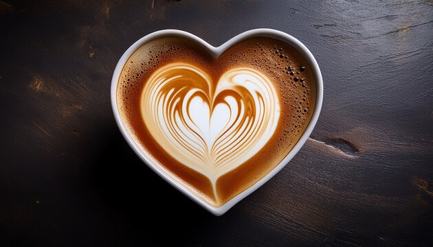 heart shaped latte art on dark stone surface