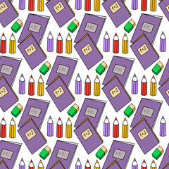 School Supplies - Various colorful "Back to School" badges. Pens, pencils, rulers, Notepad, Backpack, Eraser, sharpener and other goods.