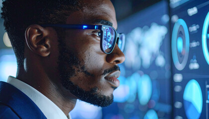 Data Analyst at Work: An African male in glasses attentively analyzes data on multiple screens, embodying focus and the cutting-edge of technology and data management.
