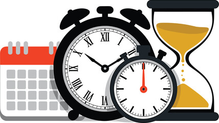 Obraz premium Illustration showing calendar alarm clock stopwatch and hourglass on white background