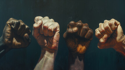 Four raised fists in unity symbolizing resistance, diversity, and social justice