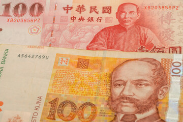 100 New Taiwan dollar and 100 Croatian kuna banknotes. International trade concept