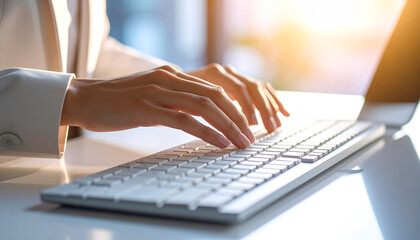 Typing on a keyboard: Close-up shot of hands typing on a modern keyboard. Sunlight shines from a window in the background.  