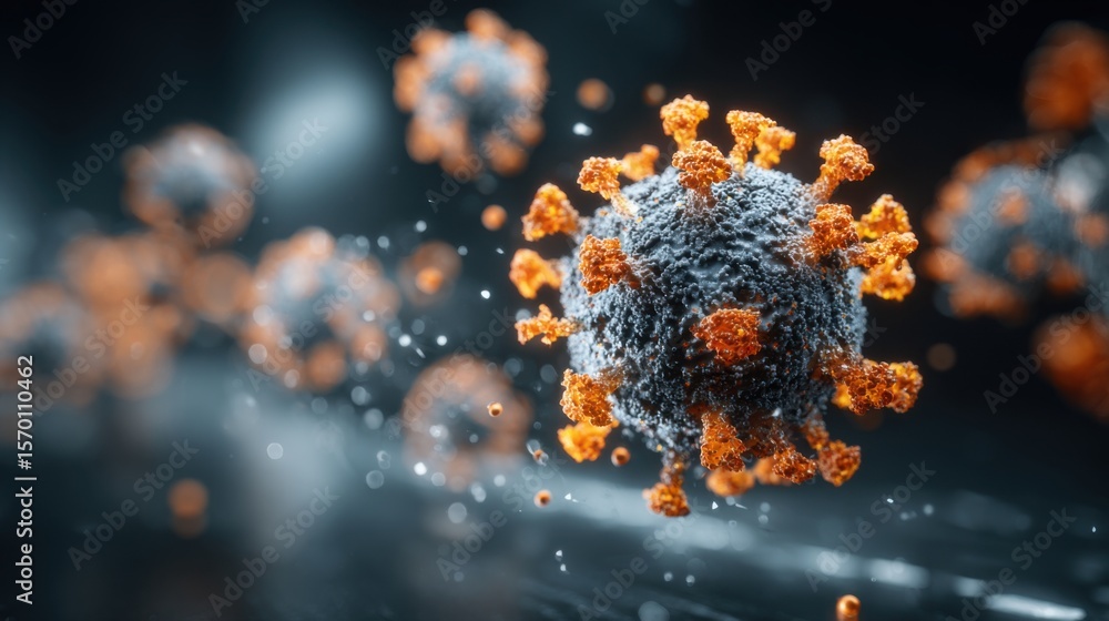 Poster a close-up view of a coronavirus particle, emphasizing the spiky surface proteins against a blurred 
