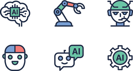 Illustration of ai icons including a brain robot arm and humanoids on white