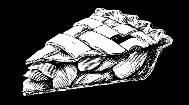 fractured iconography. | sharp edge masking | mid-century advertising | brutalist graphics | Black and white vintage engraved art of a slice of apple pie with a lattice crust, isolated on white