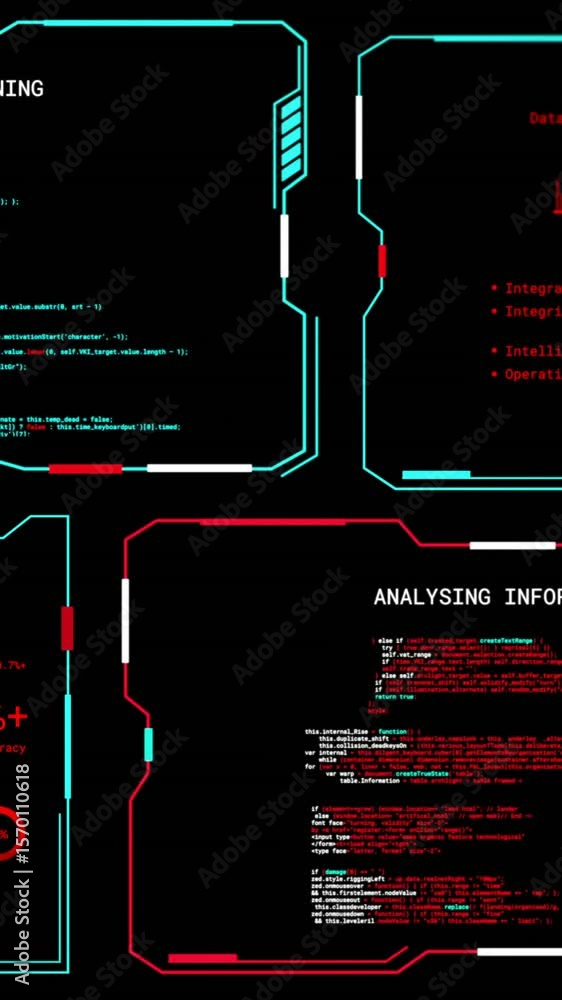 Poster animation of digital data processing on screens over black background