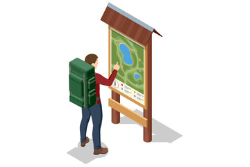 Isometric hiking scene. A backpacker chooses a direction at a trail junction and checks a large map. Concept of hiking, navigation, and outdoor exploration in forest or mountain areas. © Golden Sikorka
