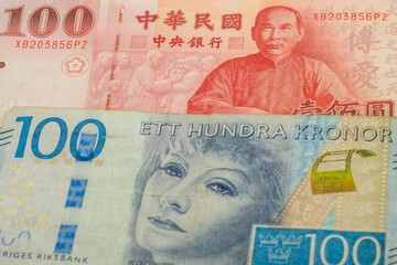 100 New Taiwan dollar and 100 Swedish krone banknotes. International trade concept