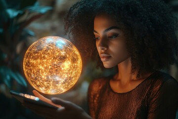 Fototapeta premium Young woman using digital tablet interacting with virtual globe at night