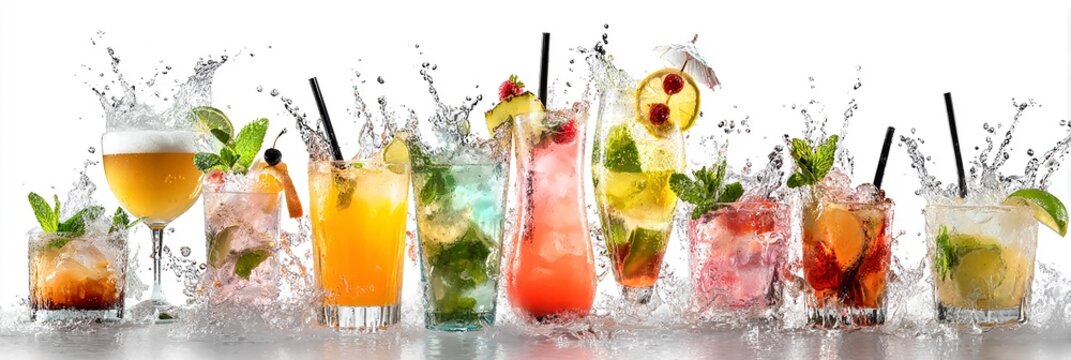 Cocktails Splash. Fresh drinks get splash, for menu, party invitation, bar advertisement.