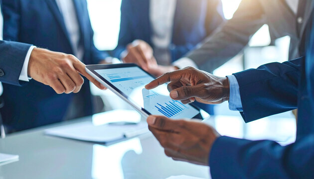 Team Analysis: A group of business professionals engrossed in a detailed analysis of data displayed on a digital tablet. Focused, determined, and working toward a common objective.