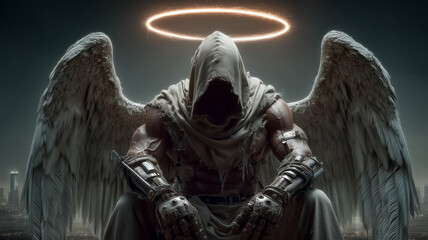 Fallen Warrior Angel in Hood and Holy Light – Generative AI