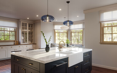 Fototapeta premium Modern kitchen with marble island, farmhouse sink, breakfast nook, pendant lights, glass cabinets, brass faucet, and large windows with natural lighting, 3d render