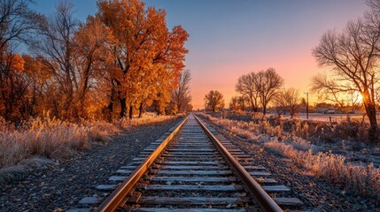 Fototapeta premium The serene landscape features railroad tracks stretching into the distance, framed by colorful autumn trees under a glowing sunset. Frost covers the ground, enhancing the seasonal beauty.