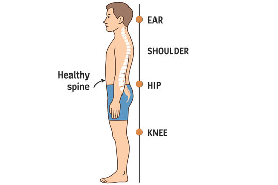 Proper alignment of the human body while standing is crucial for a good personality and maintaining a healthy spine and bones, as depicted in health care and medical illustrations