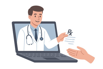 A doctor's hand is shown holding a prescription on a computer screen, with medication being virtually prescribed to a patient through a laptop, illustrating the concept of telemedicine and online