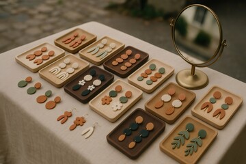 Colorful handmade polymer clay earrings are displayed on small wooden trays at a crafts market, a small round mirror stands on the table