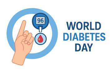 World diabetes day banner featuring a hand with blood for glucose testing and blood sugar, zoomed in on a blue circle ring with a vector design