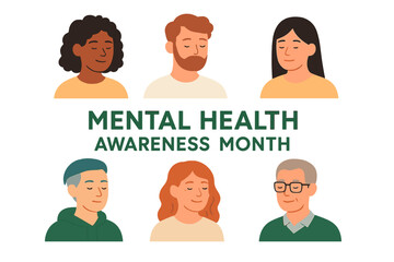 Mental Health Awareness Month’ is represented by a poster featuring diverse individuals on a green background