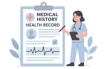 Concept of tiny hospital doctor with medical history and health record papers, featuring a document that tracks patient disease or illness progress, diagnosis, and treatment in a vector illustration