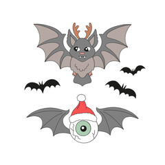 Retro Groovy Whimsical Spooky Halloween Christmas Fusion Vector Illustration Set Featuring a Bat with Reindeer Antlers and an Eyeball in a Santa Hat with Bat Wings. Ideal for alternative holiday