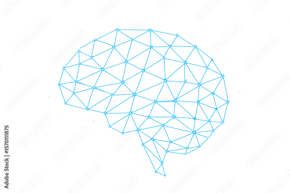 Poster a futuristic brain composed of glowing low polygonal lines and stars is set against a dark blue back