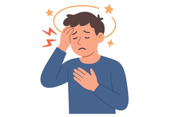An individual afflicted with vertigo, experiencing confusion, dizziness, and a headache, as depicted in a flat vector illustration representing stress, sickness symptoms, migraine, and hangover