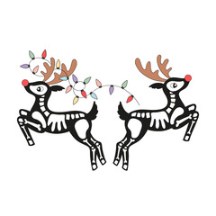 Hand Drawn Retro Vector Illustration of Two Skeletal Santa Reindeers with Red Noses and Festive Garland in a Spooky Halloween Christmas Fusion Style. Perfect for alternative holiday cards, gothic