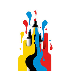 Set of colorful markers pouring ink. CMYK palette with watercolor splashes. School supply art concept on transparent background.
