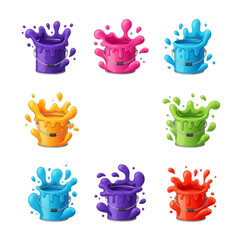 Many paint buckets full of colorful liquid paint with splash effects on transparent background for back to school concept.