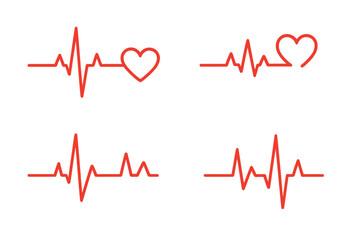 Collection of red heartbeat lines accompanied by a heart symbol, representing cardiology, medical pulse, ECG, and EKG design, as part of healthcare clipart vector illustrations for health monitoring