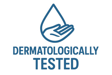A dermatologically tested label featuring a vector design with a water drop and hand logo, indicating a product that has undergone dermatology testing and is clinically proven by dermatologists to be