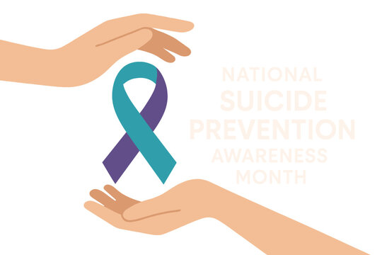 National suicide prevention awareness month is represented by two hands with a suicide awareness prevention ribbon wrapped around them on a dark purple background in a vector design - Powered by Adobe