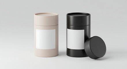Elegant Cylindrical Packaging Mockup  Beige and Black Tubes with Blank Labels for Product Presentation