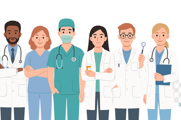 Medical professionals including doctors and nurses are depicted in a hospital setting, along with surgeons, pharmacists, and dentists, all wearing medical uniforms in a flat vector illustration