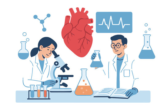 A research scientist works in a science laboratory with chemistry scientists and a clinical lab, conducting medical research and experiments in clinical science laboratories related to heart and